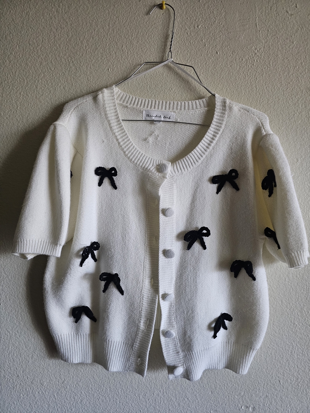 White Short-Sleeve Bow Embellished Cardigan Sweater